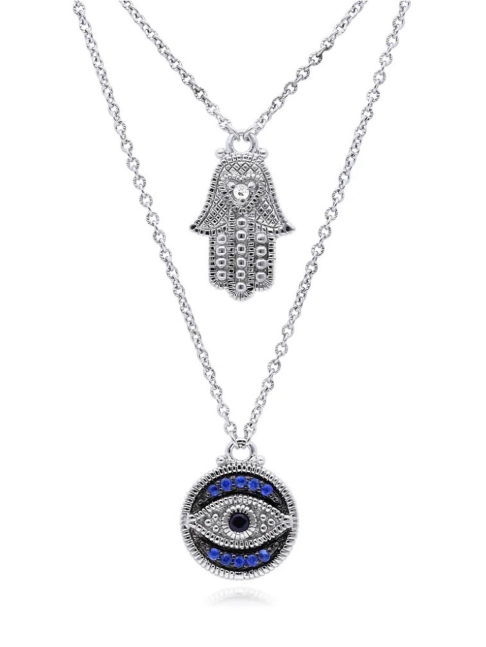 Judith Ripka Sterling Silver Blue Sapphire Evil Eye Hamsa Layered Necklace NWOT